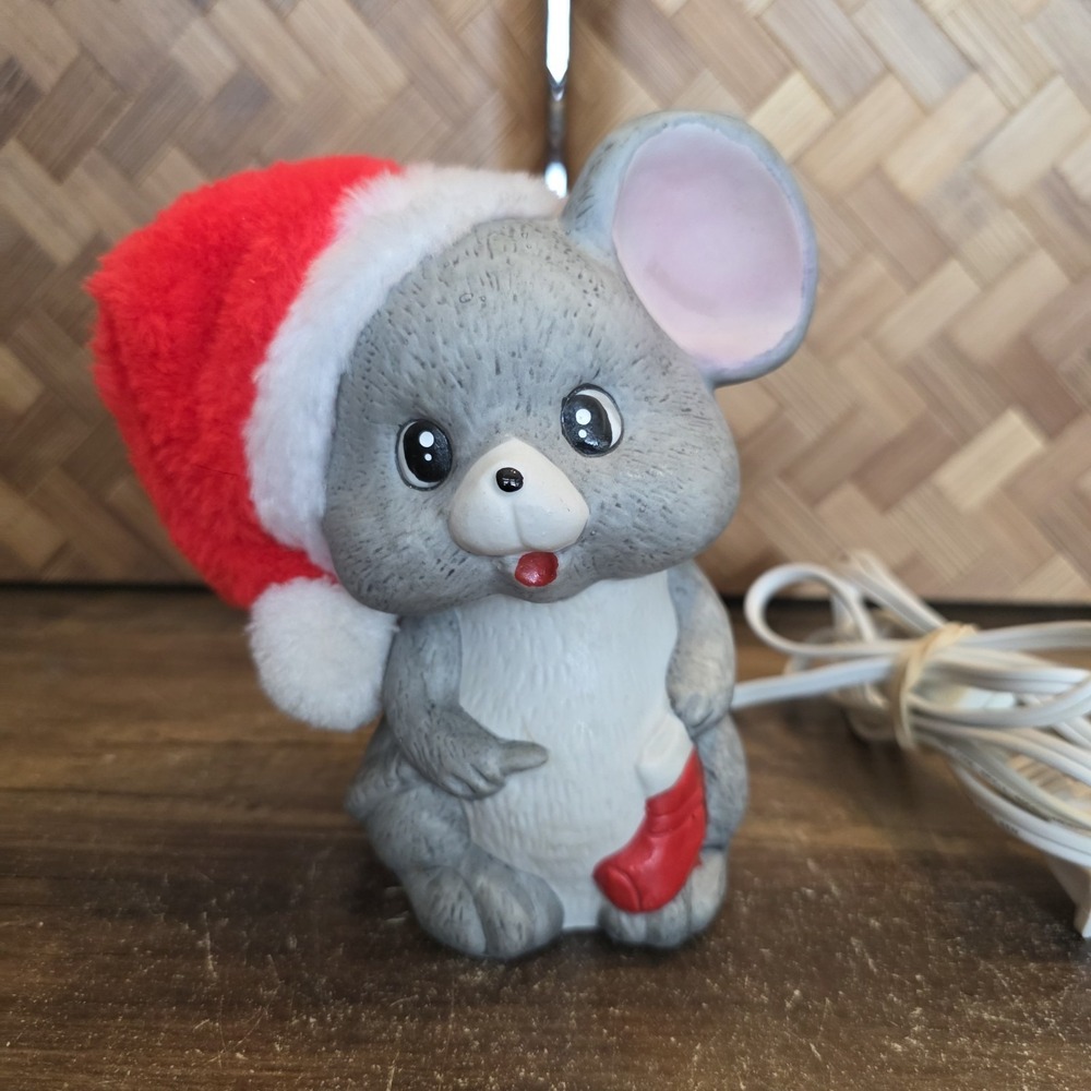 Vintage Ceramic Christmas Mouse Night Light 6.25" Cloth Santa Hat Tested & Works